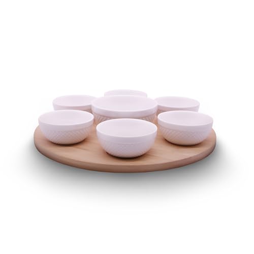 Rotating Bamboo Serving Tray with 6 Small Ceramic Condiment Bowls and 1 Larger Center Bowl - Lazy Susan Style Elegant Serving Set for Dips, Snacks, Appetizers, and More