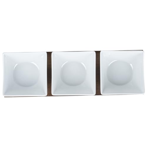 Restaurantware-15 Ounce Bowl Set with Tray - 1 Dishwashable Serving Set, Includes 3 Porcelain Bowls And 1 Bamboo Tray, Durable, White Porcelain And Bamboo Bowl And Platter Kit, Reusable, Freezable - size: Triple set, style: Cocktail