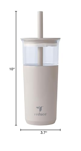 REDUCE Aspen - 20oz Vacuum Insulated Glass Tumbler - Extra Wide Straw & Lid | Keeps drinks cold for 12 hours, ideal for iced coffee, smoothies & boba, dishwasher safe, soft base - color: Sand