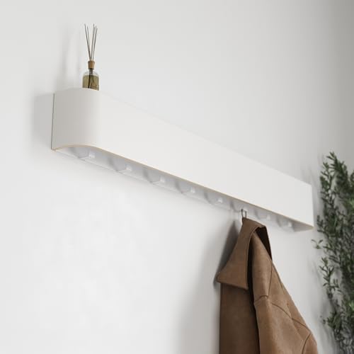 Kazai. Wall-Mounted Coat Rack 'Toke' - Modern Design Coat Rack with Hidden Wall Hooks - Solid Wood Veneer Panel Coat Hanger - White - color: White, size: 8 Hooks