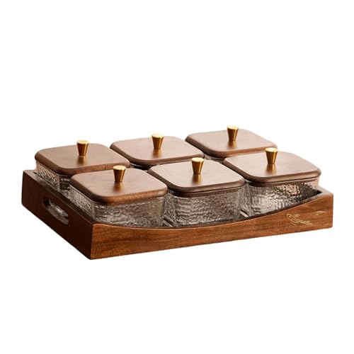 Divided Serving Tray with Lid, Made of Glass and Wood, Snack Bowl with Compartments for Fruit, Nuts, and Sweets. and Practical for Kitchen, of, 6 Compartments - size: 6 Compartments