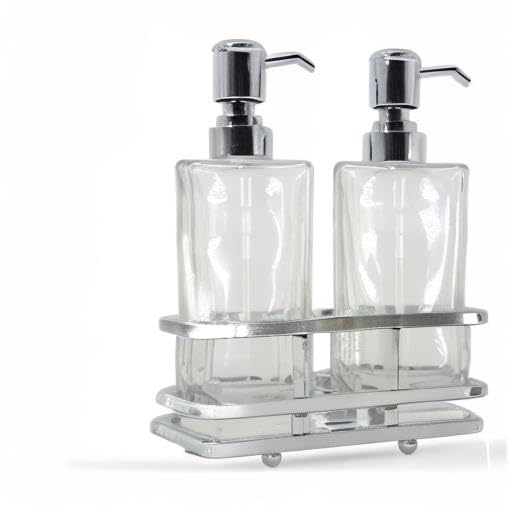 Square Glass Clear Lotion and Soap Pump Dispenser Set with Metal Stand Caddy for Bathroom Bath Kitchen Home Office Travel Hotel Hand Crafted Heavy Weight Chrome - color: Chrome