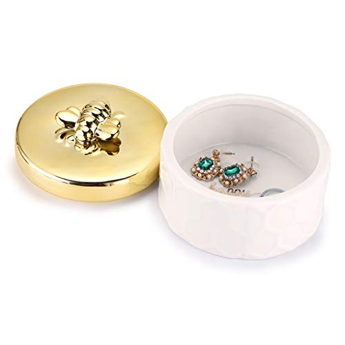 Hipiwe Ceramics Jewelry Box with Golden Bee Lid - Small Jewelry Display Organizer Holder Trinket Storage Tank Container for Home Decor,Gift for Women
