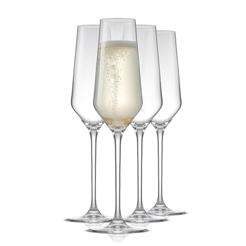 JoyJolt Champagne Glasses Layla Collection, Set of 4 – 6.7 oz Elegant Crystal Stemmed Champagne Flutes for Prosecco, Sparkling Wine, Mimosas, Cocktails, Weddings, Anniversaries, Parties - style: Champagne Glasses