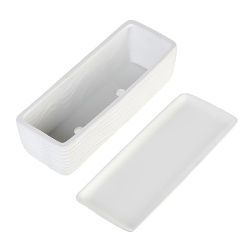 MyGift 12.5 inch Ceramic Planter, Modern Textured Rectangular Succulent Flower Plant Pot with Wave Design and Removable Drip Tray Saucer (White)