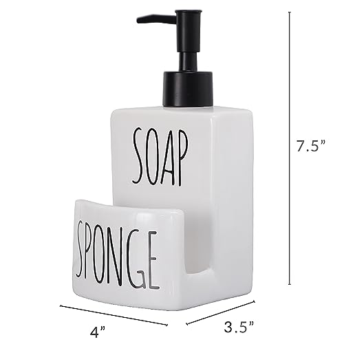 Ceramic Dish soap Dispenser with Sponge Holder Hand and Dish Soap Dispenser Set for Kitchen 2-in-1 Countertop Soap Pump Dispenser for Kitchen Sink, Useful Kitchen Gadgets - Modern Farmhouse White - color: White