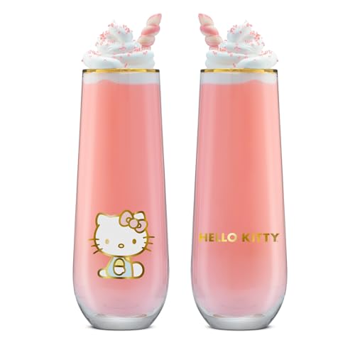 JoyJolt Hello Kitty Stay Gold Stemless Flutes, 9.4oz Drinking Glasses Set of 4, Sanrio Highball Glasses, Kawaii Hello Kitty Kitchen Glass Set Ideal for Water Juice Smoothies, Skinny Tall Glasses - style: Hello Kitty