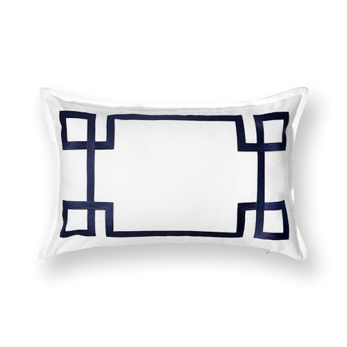 Hofdeco Premium Coastal Patio Indoor Outdoor Lumbar Pillow Cover Only, 12"x20" Water Repellent for Backyard, Couch, Navy Blue Embroidered Frame Greek Key - color: Navy Blue Frame Greek Key 12"x20"