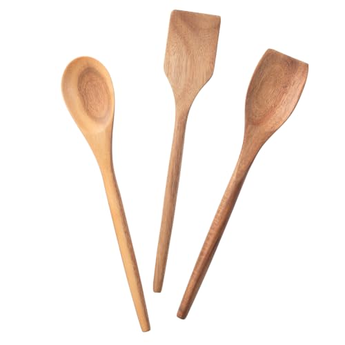 Wooden Spoons For Cooking, Wood Kitchen Cooking Spoons Utensil, 12 Inch Acacia Spoon Spatula Scraper Utensils Set, Cooking Gadgets Safe for Nonstick Cookware Use Set of 3 - style: Wood Spoon Spatula Set of 3