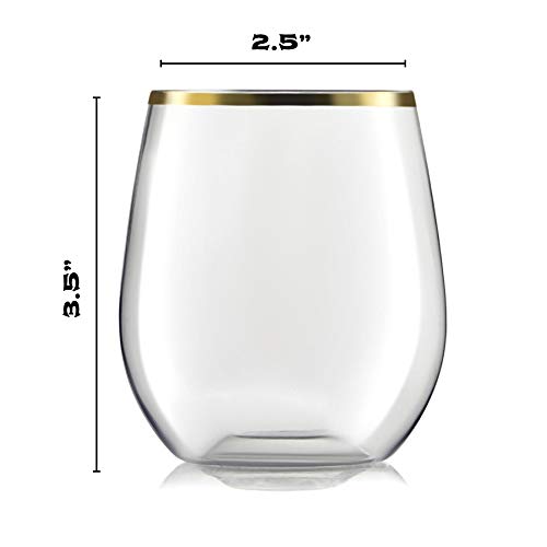 32 Pack Stemless Plastic Wine Glasses Disposable 12 Oz Gold Rim - Shatterproof Recyclable and BPA-Free, Stylish Drinkware for all Beverages, Cocktail Parties, Wedding Reception - color: Clear / with Gold Rim