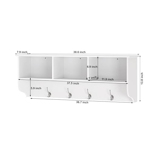 Wall Mounted Coat Rack Shelf,4 Dual Hooks,3 Cubbies,White | 4 dual nickel finish hooks.3 built-in cubbies plus shelf.Holds 55 lbs,MDF,smooth laminate finish.Easy clean,hardware included - color: White