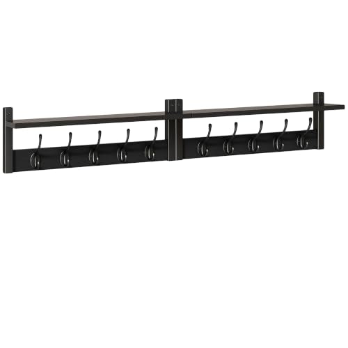 YMYNY 47.2" Coat Rack Wall Mount with Shelf and 10 Hooks, Black UHWS004B-2 | 2 Pack Coat Hooks Wall Mount, Wood Wall Mounted Coat Rack with Hooks, Coat Hanger Wall Mount, Wall Hooks for Hanging - color: Black