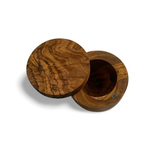 Handmade Olive Wood Salt and Pepper Keeper with Magnetic Swivel Lid – Rustic Wooden Salt Cellar for Kitchen Storage.