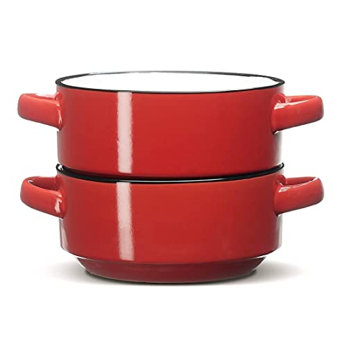 ECODECO Ceramic Soup Bowls with Handles – Set of 2 (16 oz) – Red | Oven & Microwave Safe – Gift Boxed – Ideal for French Onion Soup, Baked Meals & Housewarming Gifts - color: Red