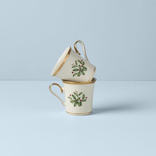 Lenox Hosting the Holidays Holly Porcelain Christmas Mug Set for 2, 14oz | dishwasher safe, microwave safe | coffee mug gift for coffee lovers, gift for women, coffee cups gift - style: Mugs, Holly