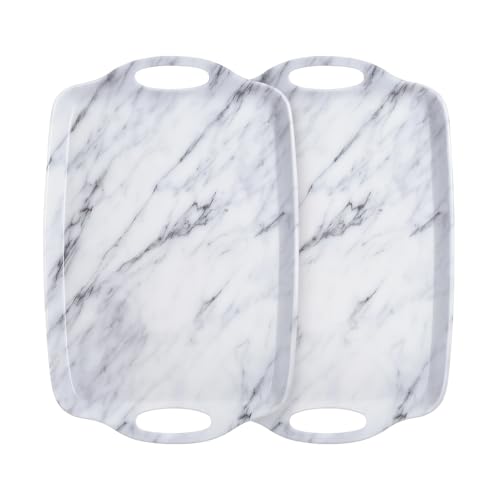 TP Melamine Serving Trays with Handles, 17” x 12”, Set of 2, White Marble | Rectangular Trays, Serving platters for Food and Meat, Party Serving, Lightweight, Break-resistant - color: White Marble, size: 17" x 12"