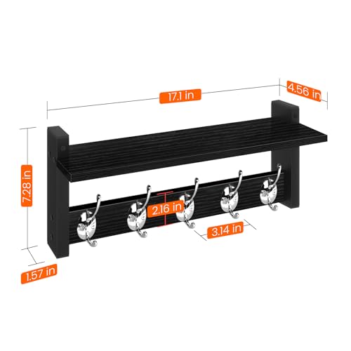 Wall Coat Rack With Shelf, Wood Entryway Hanger With Hooks, Small Floating Pegs for Hanging Coats, Hats, Purses, Backpacks, Black - color: Black, size: 17.1 Inch Long