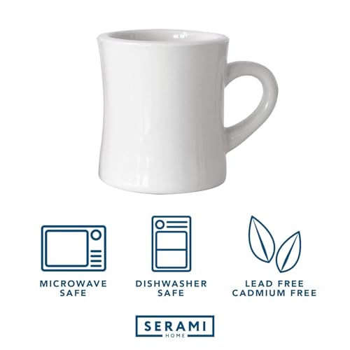 Serami Diner Coffee Mugs – Set of 6 Classic 11oz Ceramic Cups – Thick, Heavy Stoneware – Crisp White Color – Dishwasher & Microwave Safe - size: 6 Count (Pack of 1)