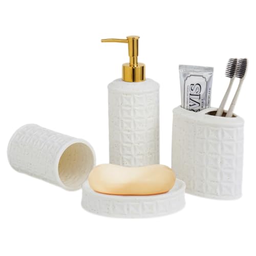 Bathroom Accessories Set 4 Pcs - Ceramic Soap Dispenser, Toothbrush Holder, Tumbler & Soap Dish with Coin Pattern Design, White Bathroom Decor Set for Counter Organization
