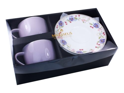 Porcelain Set of 2 Pastel Cups 8 oz with Saucers 5.75", Glamour by Marsseus Collection, Gift Box, Floral motif - color: Floral motif-2
