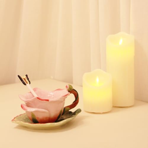 Ceramic Tea Cup and Saucer Set ,6OZ 3D Hand-Painted Flower and Lotus Leaf Coffee Mug,Gift for Women- Pink Rose - color: Pink Rose