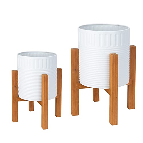 2-Piece White Metal Planter Set with Wood Stand, Indoor Mid Century Modern Planters with Drainage, 8" & 10" | Planter with Drainage Hole, Elevated Wooden Holder, Indoor Home Decor for Snake Plants, Pothos and Large Houseplants