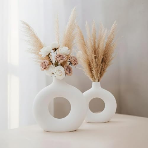 DESI SAMAAN Store Unique White Ceramic Donut Vases | Decorative Donut Vase for Dried Flowers & Pampas Grass (Set of 2) (6 & 8 Inch (Donut VASE)) - size: 6 & 8 Inch ( DONUT VASE )