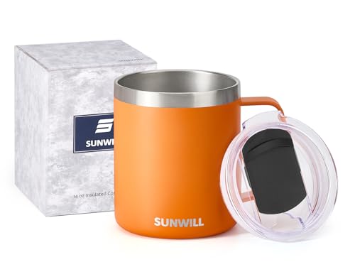 SUNWILL Insulated Coffee Mug with Lid, Travel Tumbler with Handle, 14 oz Stainless Steel Cup for Camping, Office, Home, Powder Coated Orange - color: Powder Coated Orange