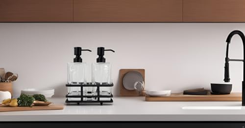 Square Glass Clear Lotion and Soap Pump Dispenser Set with Metal Stand Caddy for Bathroom Bath Kitchen Home Office Travel Hotel Hand Crafted Heavy Weight Matte Black - color: Black