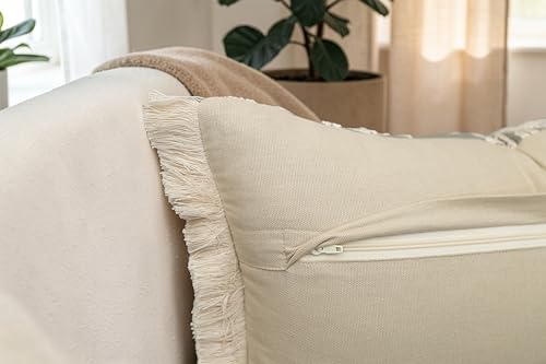 Rudransha Botanical Vine Embroidered 12x20 Lumbar Throw Pillow Cover - Sage Green Cream Cotton with Fringe Trim - Cushion Case for Couch Sofa Bed - Philodean Leaves - color: Sage-philodean, size: 20" x 12" (Pack of 1)