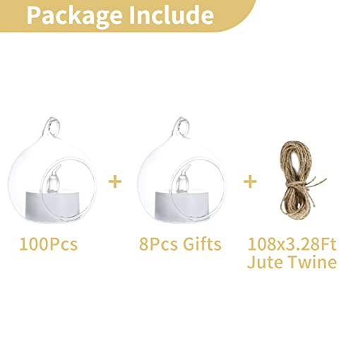 108 Pcs Mini Hanging Tealight Holder with LED Candles, 2.36in Hanging Glass Globes Candle Holder, Hanging Glass Terrarium Glass containers for Wedding Party Tree Decoration (Contains LED Candles) | Includes Flameless Votives, 2.36-Inch Clear Globes, Ready
