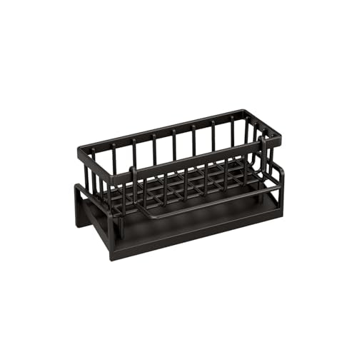 Kitchen Sink Organizer With Auto Draining Tray, Sponge Holder For Kitchen Sink Stable No-Slip Sink Caddy Sponge Holder Drain Basket With Towel Hanging Rod Kitchen Organization For Sponge Soap (Black)