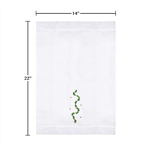 Saro Lifestyle Holly Leaf Garland Embroidery Christmas Hemstitched Linen Cotton Guest Towel (Set of 4), White, 14"x22" - color: Holly Leaf Garland