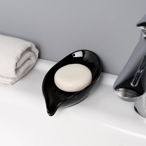 Soap Dish, Self Draining Soap Dishes 2PCS, Leaf Shape Ceramic Bar Soap Holder Drain Soap Dishes for Bathroom Sink Kitchen, Easy to Clean Keeps Soap Dry, Black, ANTIS'S HOME - color: Black-2pcs-enhanced Draining