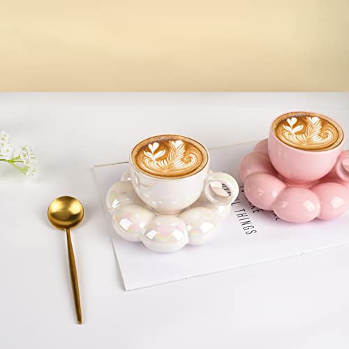 Koythin 6.5oz Sunflower Saucer Mini Ceramic Mug, Pearl White Tea Latte Cup | 200ml Small Compact Cup, Dual Safe Ceramic; Vanity Table Decor, Light Beverage Cup - color: Pearl White