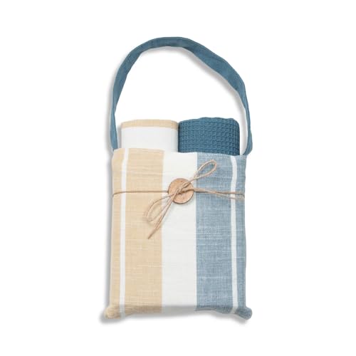 Elsie & Zoey Kitchen Tea Towels - 3-Piece Blue & Tan Stripe Tea Towel Set, 2-Piece Tea Towels, 1-Piece Storage Bag with Handle, 100% Cotton Dish and Hand Towels for Drying & Décor, 16" x 27"