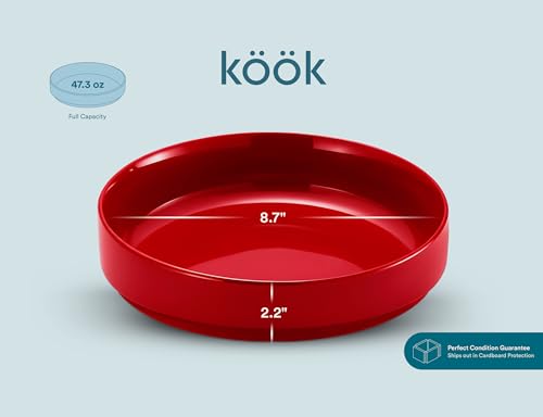 KooK Ceramic Large Pasta Bowls, Microwave and Dishwasher Safe, Great for Soups and Salads, Shallow Serving Bowls, Glossy Porcelain, 47 oz, Set of 4, Cherry Red - color: Cherry Red