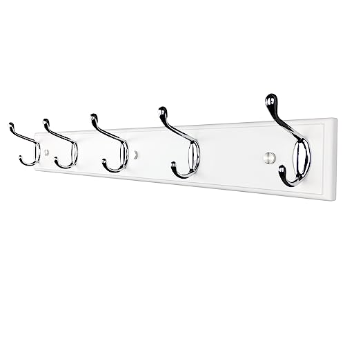 Wooden Wall Mounted Coat Rack – 24 Inch (60cm), White with 5 Silver Hooks for Entryway, Hallway, Bedroom - size: Medium-23.6in(60cm),5 Silver Hooks, style: Modern