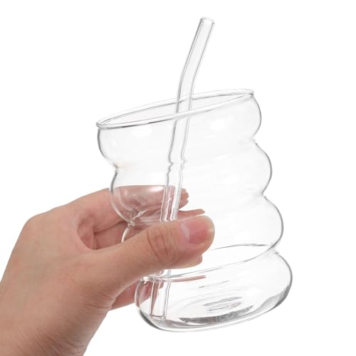 Ribbed Glass Cups and Straws Set 300ml Wavy Drinking Glasses for Adults with Straw Brushes Glassware for Iced Coffee Juice Milk Matcha 9pcs Kitchen Essentials