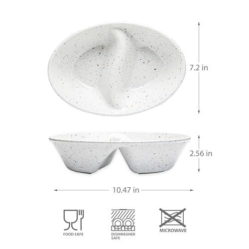 Confetti Divided Bowl Set of 2, 100% Melamine BPA-Free Stackable Unbreakable Bowls with Two Compartments, Ideal for Snacks, Chips & Dips, Cereal, Dishwasher-Safe Color: White - color: Confetti White