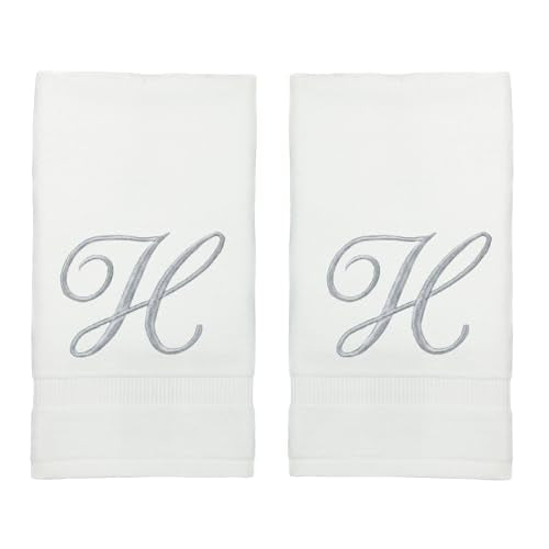 Monogrammed Fingertip Towels, Personalized Gift, 11 x 18 Inches - Set of 4 - Silver Script Embroidery - Extra Absorbent 100% Turkish Cotton- Soft Terry Velour- for Bathroom, Kitchen and Spa- H White - style: Initial H