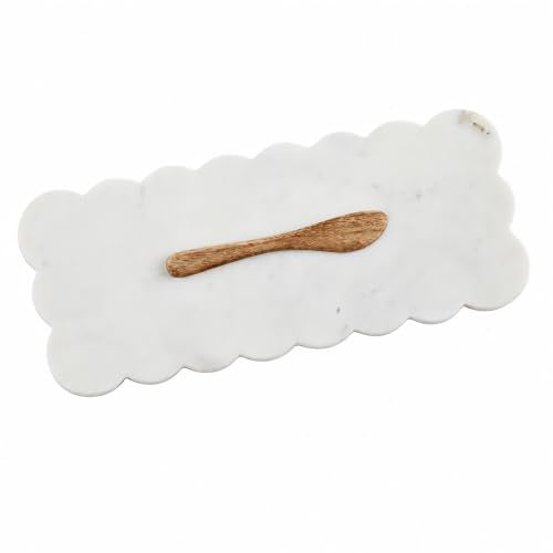 Mud Pie Scallop Marble Board Set, White, 12" x 5" | Scalloped Cutting Board for Charcuterie