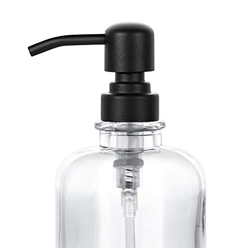 Thick Clear Glass Jar Hand Soap Dispenser Bathroom with Matte Black Stainless Steel Pump, 12ounce Clear Boston Round Bottle Dispenser with Rustproof Pump for Kitchen Dish (Matte Black)