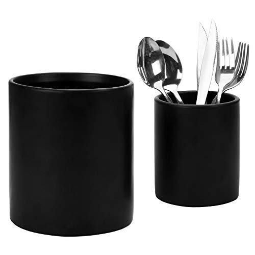 MyGift Set of 2 Black Ceramic Utensil Holder Kitchen Canister Cooking Tools Crock, Large and Small Countertop Silverware Caddy