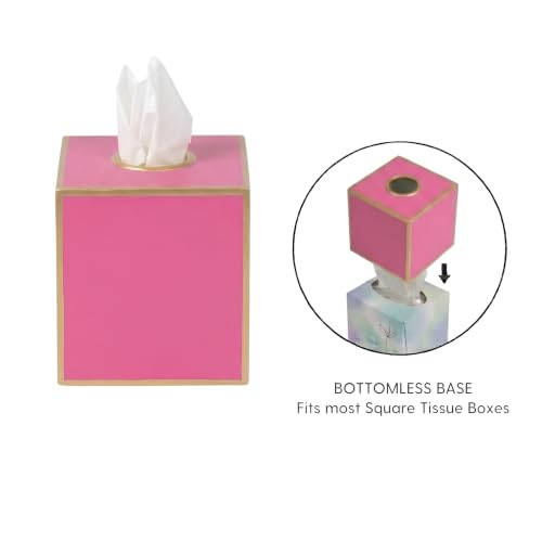 Jaye's Studio Pink Tissue Box Cover, Cute Square Metal Cube for Bathroom | Matte Hand-Painted Finish, Fits Standard Facial Holders, Gold Trim Detail, Open Bottom, Vanity Dorm Desk Use - color: Pink