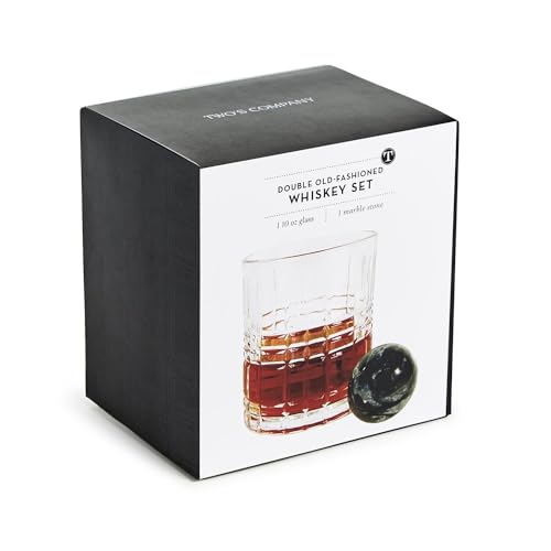 Two's Company Double Old Fashion Whisky Set, Includes Stone Ball in Gift Box, 10 Oz Glass, 2-inch Diameter Stone Ball