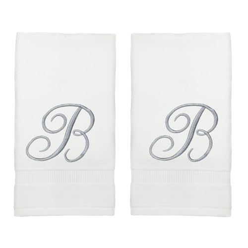 Monogrammed Fingertip Towels, Personalized Gift, 11 x 18 Inches - Set of 4 - Silver Script Embroidery - Extra Absorbent 100% Turkish Cotton- Soft Terry Velour- for Bathroom, Kitchen and Spa- B White - style: Initial B