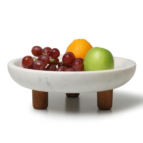 Marble Fruit bowl with three wood legs | 11.8 inch dia footed bowl for kitchen counter | Use as centerpiece for dining table, key bowl for entryway table, or potpurri/decorations (Large)