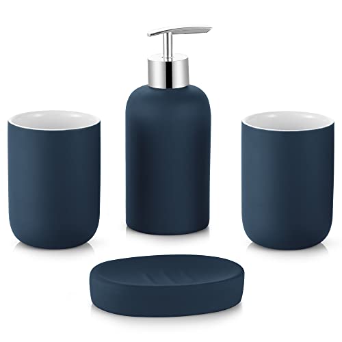 DUFU Blue Bathroom Accessory Set, 4 Pieces, Ceramic | Bathroom Decor, Soap Dispenser, Soap Dish, 2 Tumbler