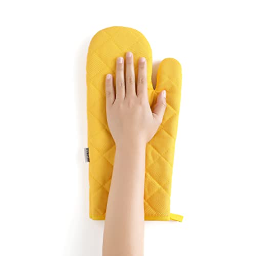 Oven Mitts and Pot Holders 4 pcs Set,High Heat Resistant 500 Degree Extra Thicken Long Kitchen Cotton Oven Glove for Cooking (12 Inch,Yellow) - color: Cotton-yellow